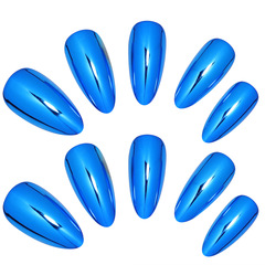 杏仁甲 歐美款 電鍍假指甲 藍色 穿戴式 貼片 美甲甲片成品批發甲