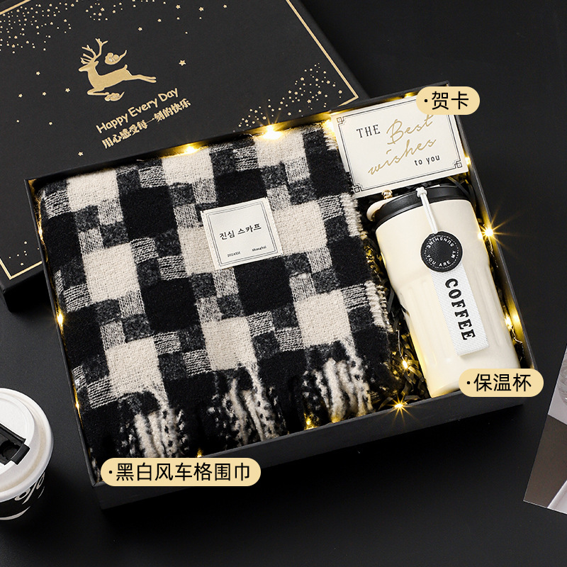 Black and white windmill plaid scarf❤Yulu has you gift box [package 3]