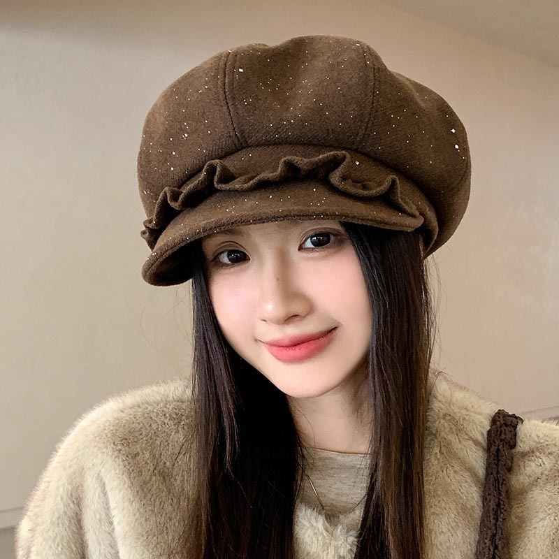 日系木耳边云朵八角帽女秋冬复古文艺复古大头围显脸小时尚报童帽|undefined
