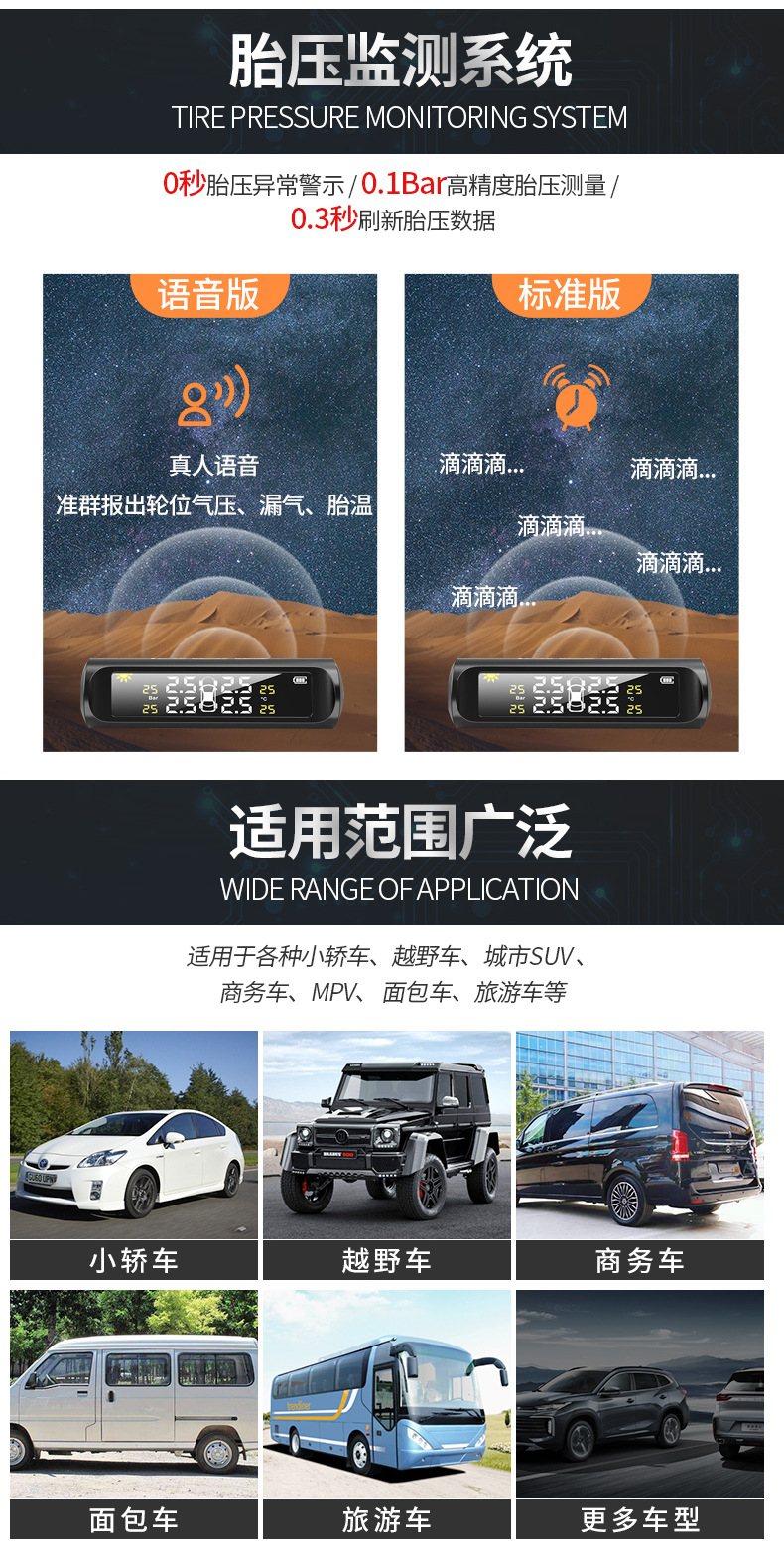 Customized Car Tire Pressure Monitor Tpms Built-In and External Wireless Solar Pressure Sensor Detection Monitor