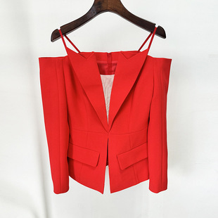 Spot 2025 New European and American Star Fashion Design Back Zipper Personalized One-Line Collar Off-Shoulder Suit Jacket