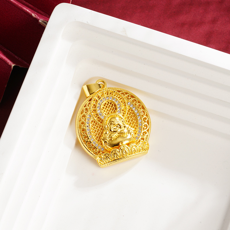 Estilo antiguo oro Maitreya Buda collar redondo imitación diamante lujo con incrustaciones de cobre chapado en oro moda nacional joyería auspicioso significado regalo suministro