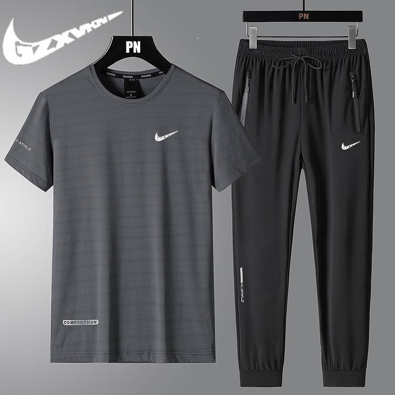 Summer Thin Ice Silk Short-sleeved suit Men's T-shirt Trendy Brand Casual Sportswear suit Men's Quick-drying Breathable Two-piece Set