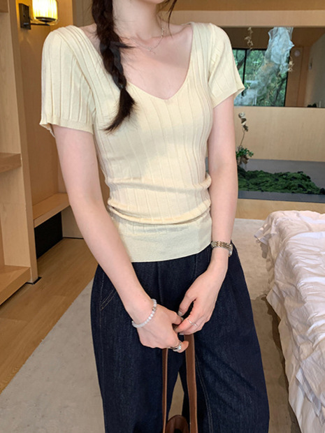 法式V领收腰针织衫t恤女夏季2025新款设计感坑条显瘦修身绝美上衣|undefined