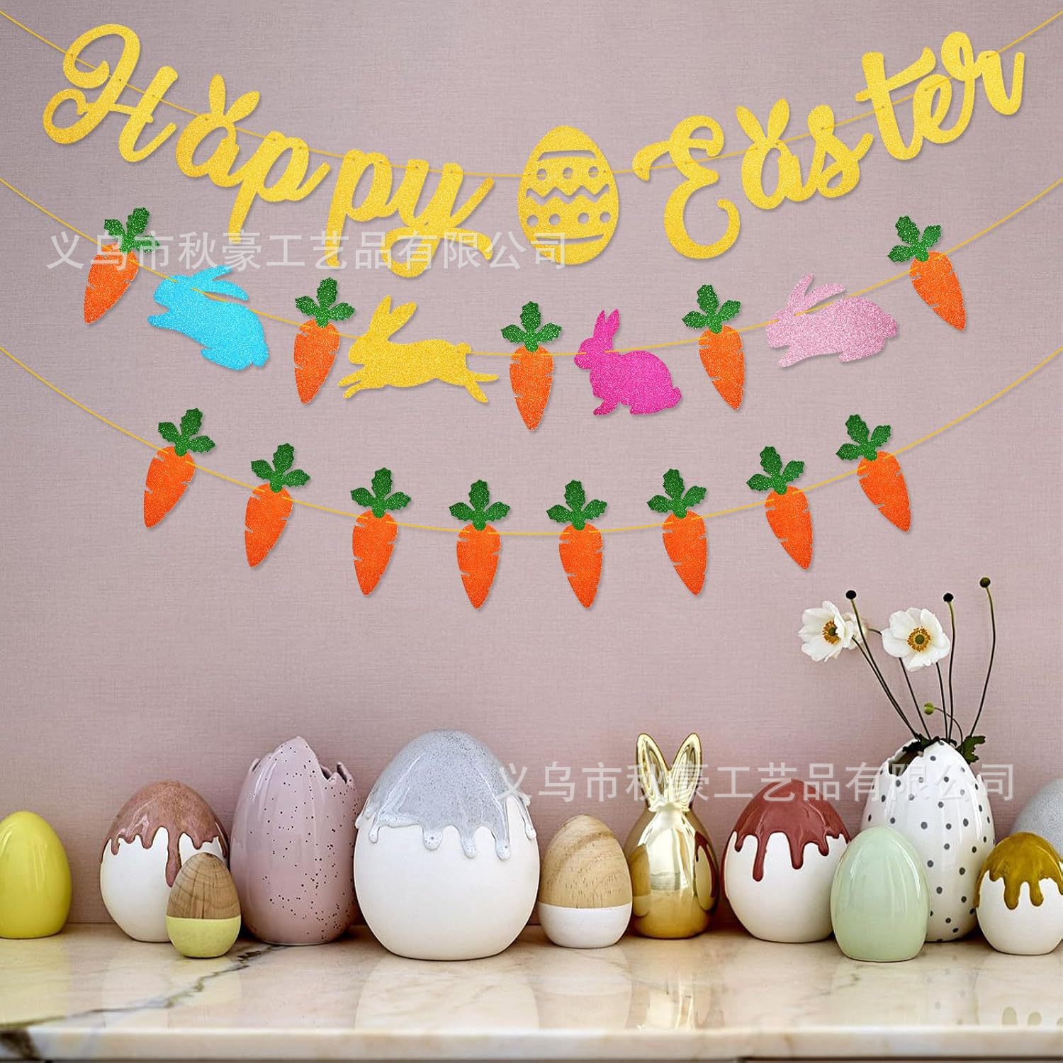 Fiesta de Pascua decoración de flores de conejo string banderas de color HAPPY EASTER letras de flores de dibujo