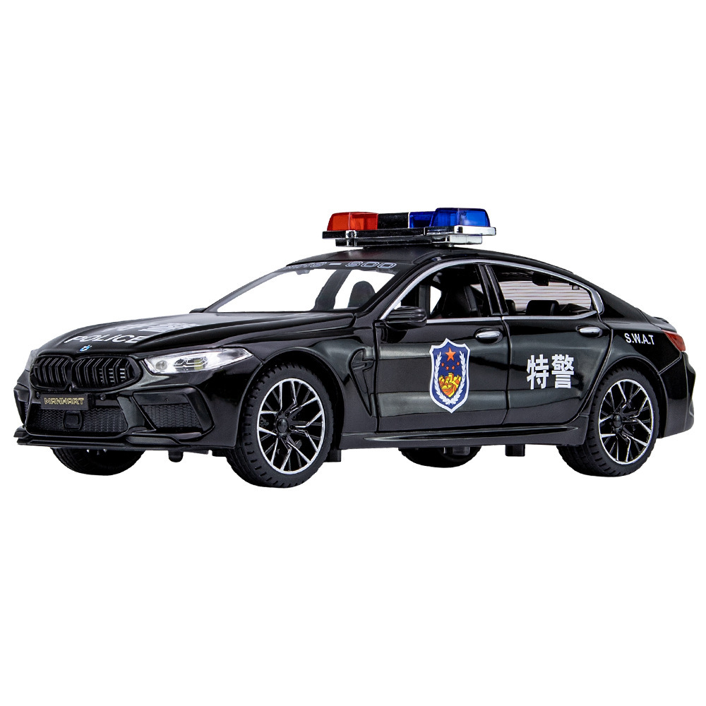 Weili aleación coche modelo 1:24 BMW M8 coche policía especial policía tire hacia atrás con sonido y luz modelo de coche de juguete adornos