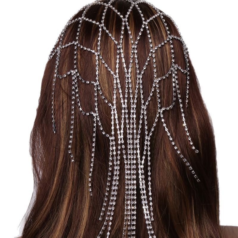 Diadema de flecos de malla de venta caliente en Europa y América Cadena de cabello de diamantes de imitación de sentido avanzado Temperamento Accesorios nupciales Cadena de pelo femenino