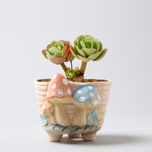 网红手工手绘蘑菇田园风格陶瓷粗陶花盆多肉植物花盆百搭台桌盆栽