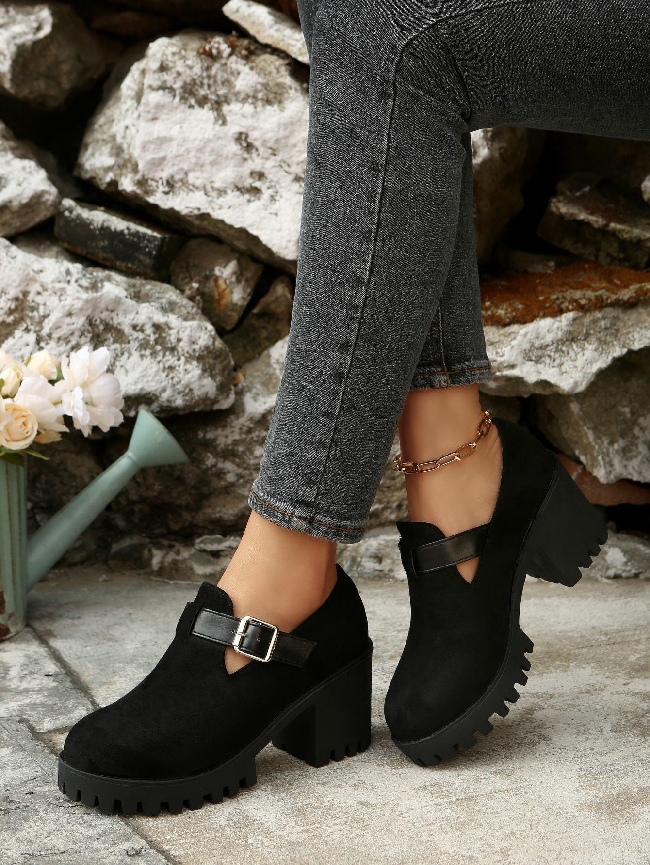 Damen Pumps Mit Blockabsatz Und Schnalle Aus Wildleder Für Damen_voghion.com
