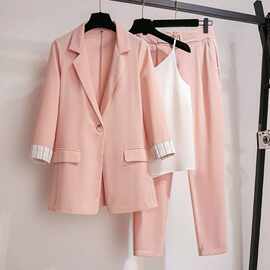 单/套装2022春季大码女装胖妹妹休闲西服秋外套显瘦小香风两件套