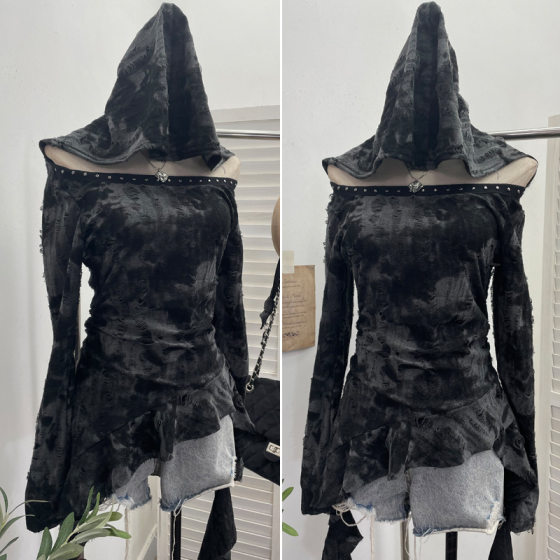 Real shot small group does not hit the waste soil wind hot girl wear tie-up hat hole long sleeve irregular ribbon top 9297