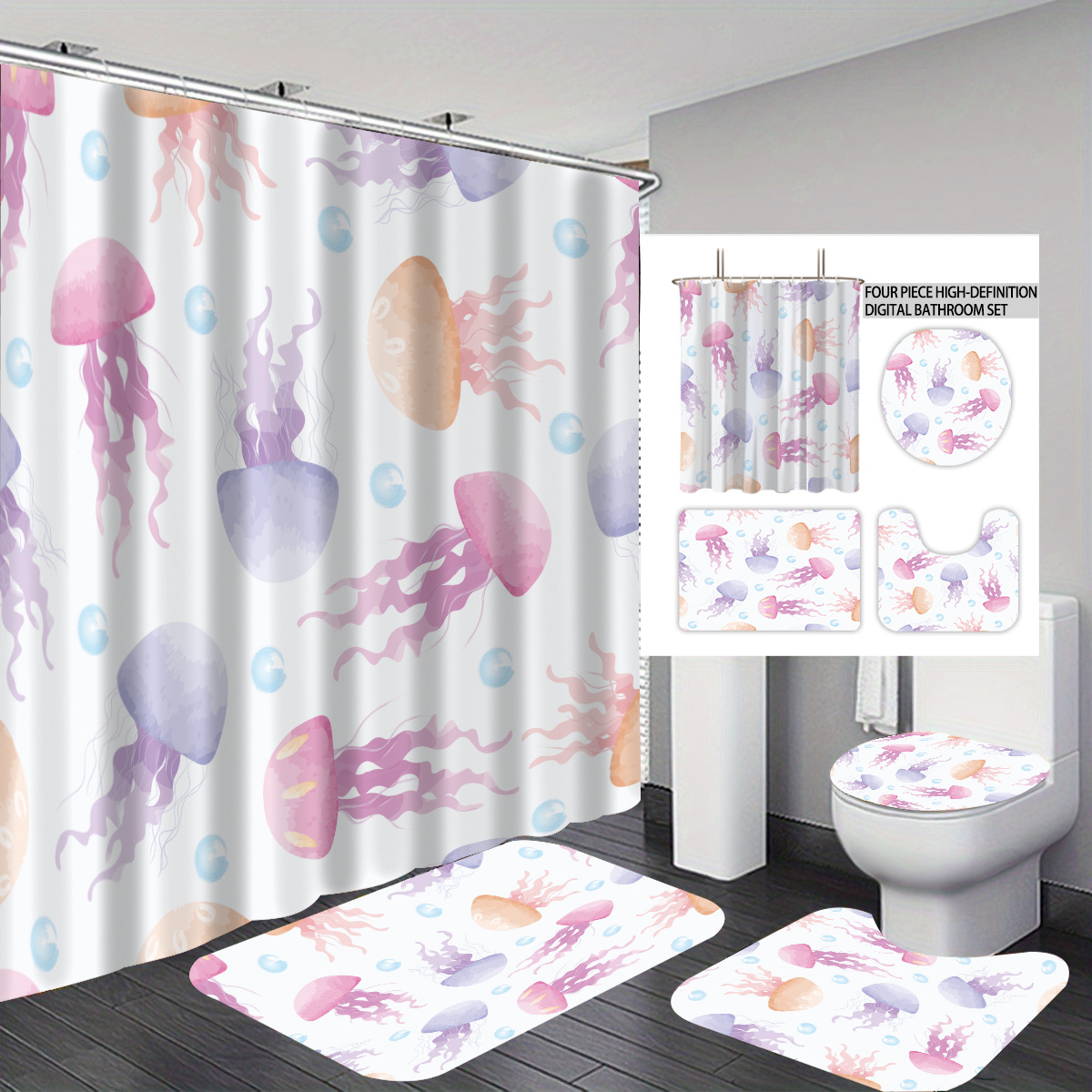 Temu cortina de baño impermeable personalizada serie de elementos marinos 3D impresión poliéster cortina de baño de cuatro piezas fábrica image 28