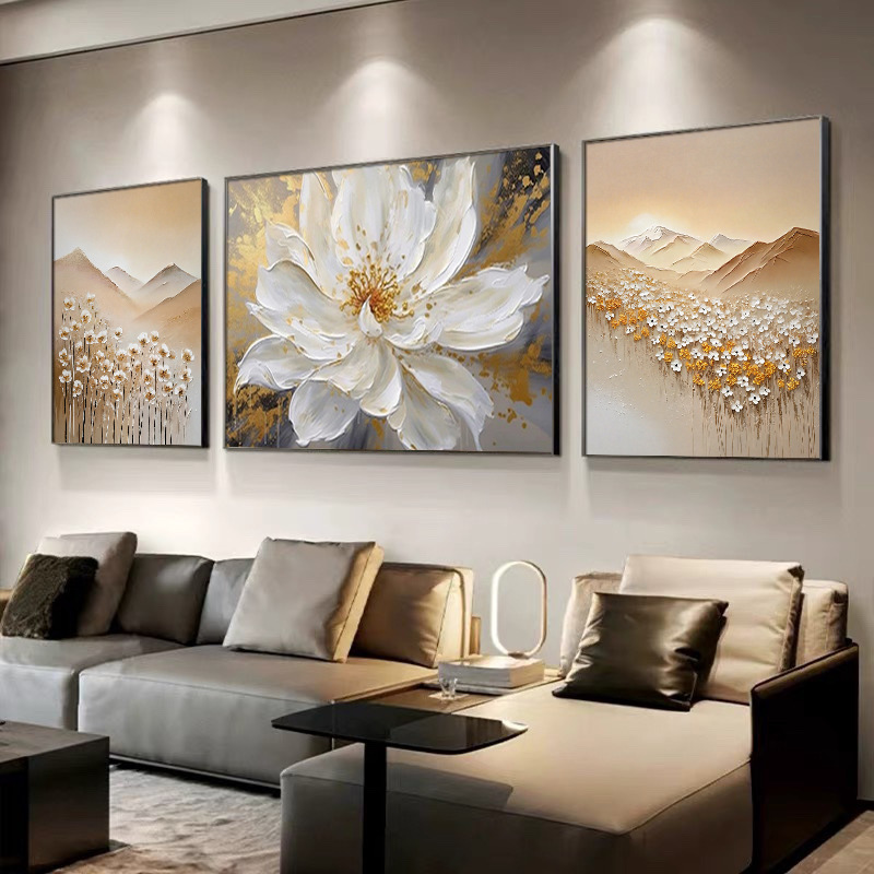纯手绘油画抽象花卉牡丹客厅挂画现代轻奢沙发背景墙三联肌理壁画