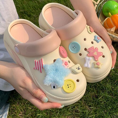 Dopamine Thick Sole Hole Shoes for Women, Summer Outdoor Slip-Resistant Height Increasing Sandals with Toe Covers, Half Slippers for Swings