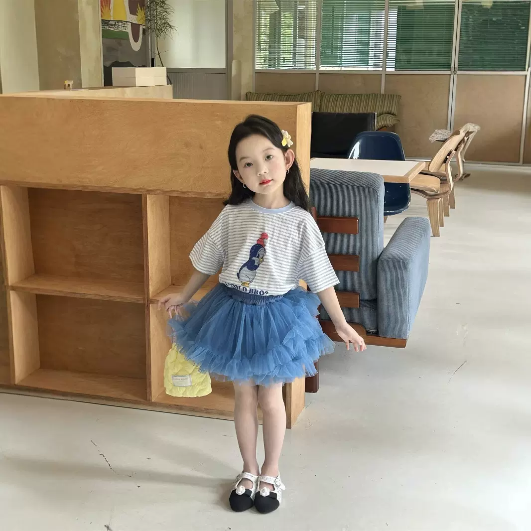 2025夏季新款女童条纹套装儿童卡通短袖T恤+纱纱蓬蓬半身裙两件套