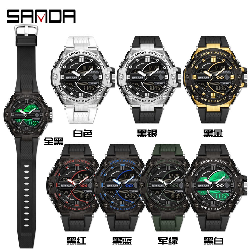 SANDA 3185 nuevos hombres electrónicos reloj de moda deportes al aire libre luminoso impermeable reloj despertador