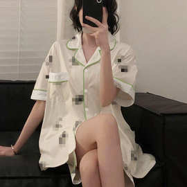 工厂代发睡衣女夏季开衫仿棉少女风短袖短裤休闲潮流家居服两件套