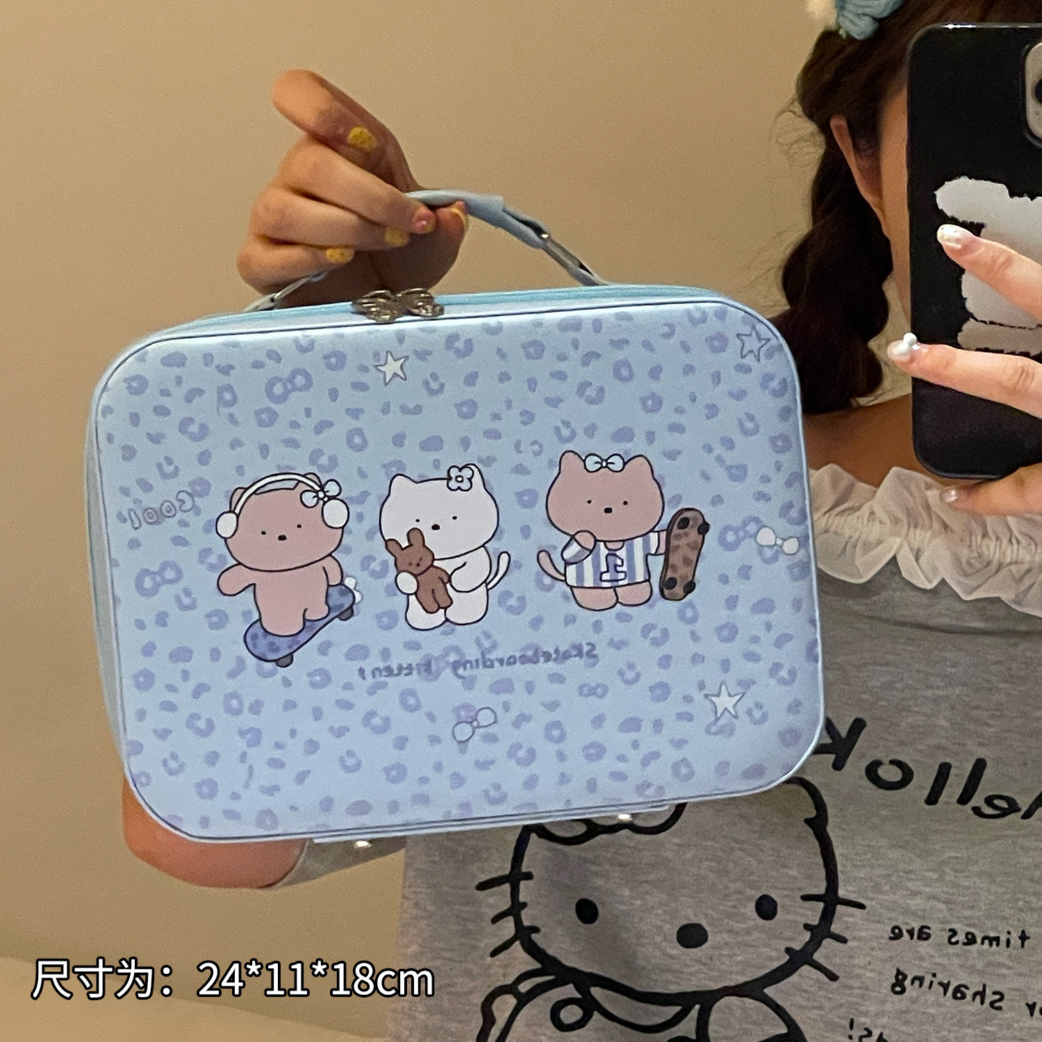 Leopardo gatito bolsa de maquillaje portátil linda gran capacidad portátil espejo impermeable caja de almacenamiento de productos de cuidado de la piel