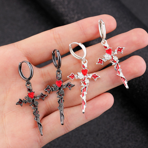 Dark Thorned Spikenard Rose Heart Cross Pendant Earrings for Women with Chain Rivets Punk Earrings for Men