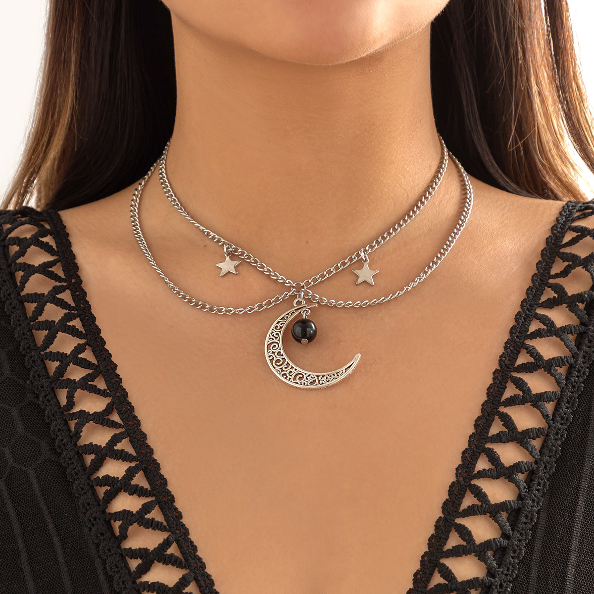 Collier de clavicule polyvalent personnalisé doux et cool à double couche, collier à franges étoile du vent simple et froid_voghion.com