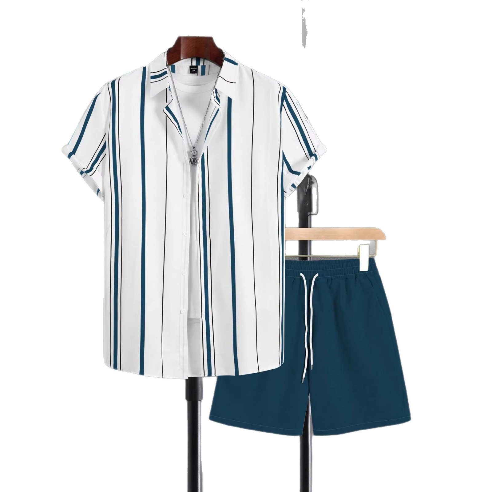Lässiges Herren-Hawaiihemd-Set, Sommermode, Kurzarm, 3D-Streifenmuster, zweiteilig_voghion.com