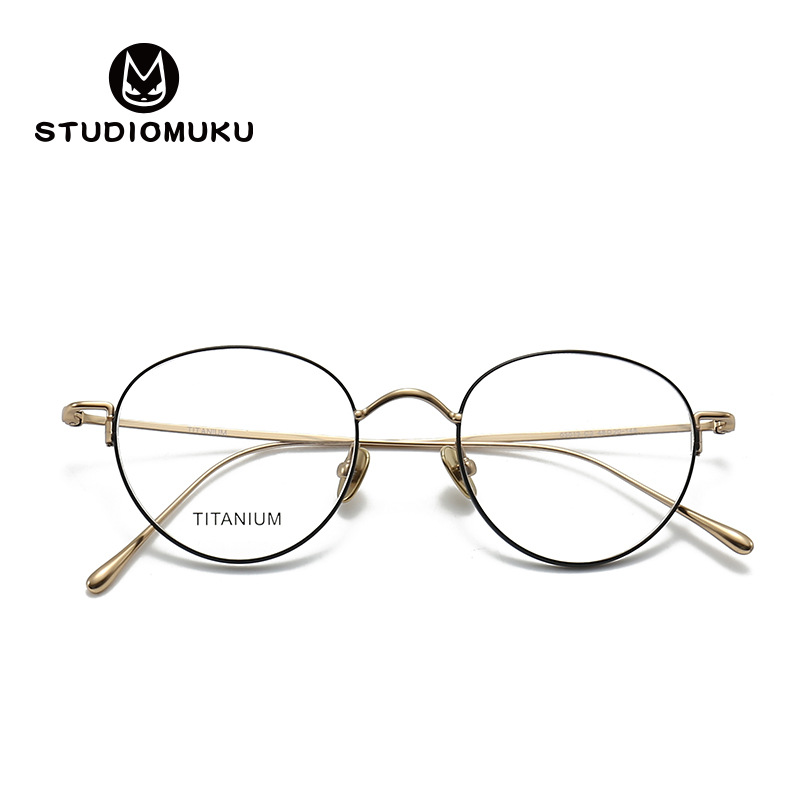 STUDIOMUKU gafas de madera cool, marco redondo de la juventud nacional, marco de gafas de titanio puro, el temperamento de la literatura y el arte, el marco de gafas versátil