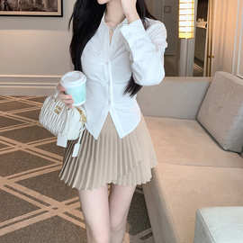 2023年秋冬季新款韩系神仙搭配收腰设计感奶白衬衫女