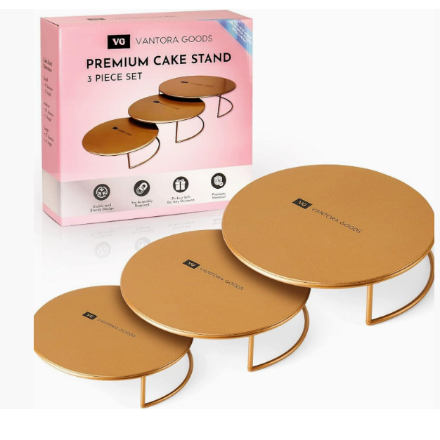 Juego transfronterizo de 3 piezas de soporte de pastel dorado-soporte de pastel dorado anidado-soporte de bocadillos redondo soporte de postre dorado