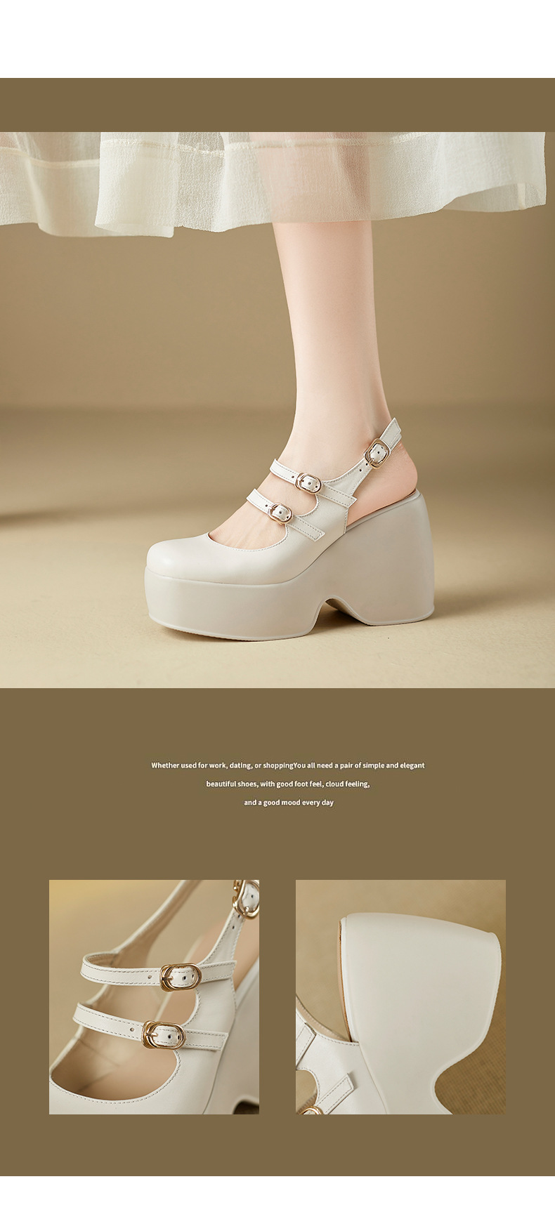 Giày platform đế dày da thật dáng người nhỏ, dép bít mũi xuân hè, giày da gót dốc dễ phối — Màu đen chi tiết 6