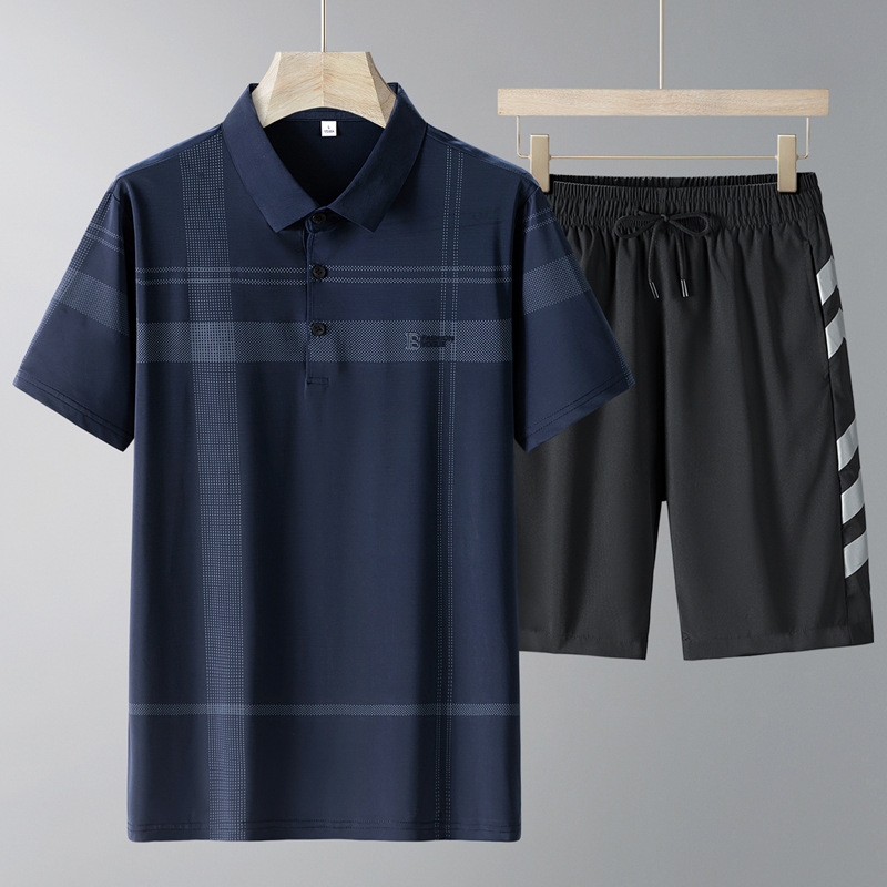 Papa de verano, traje casual de seda de hielo para hombres, camisa polo para hombres, manga corta, manga corta, traje de moda para hombres de mediana edad