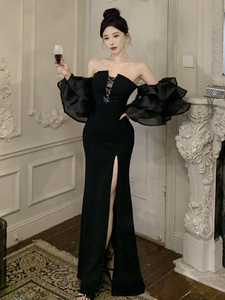 High slit formal dress with strapless flared sleeves dress