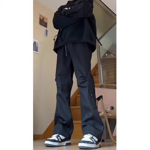 Fleece-lined windbreaker pants, men's autumn/winter loose straight-leg American-style work pants, casual outdoor side-zipper pants