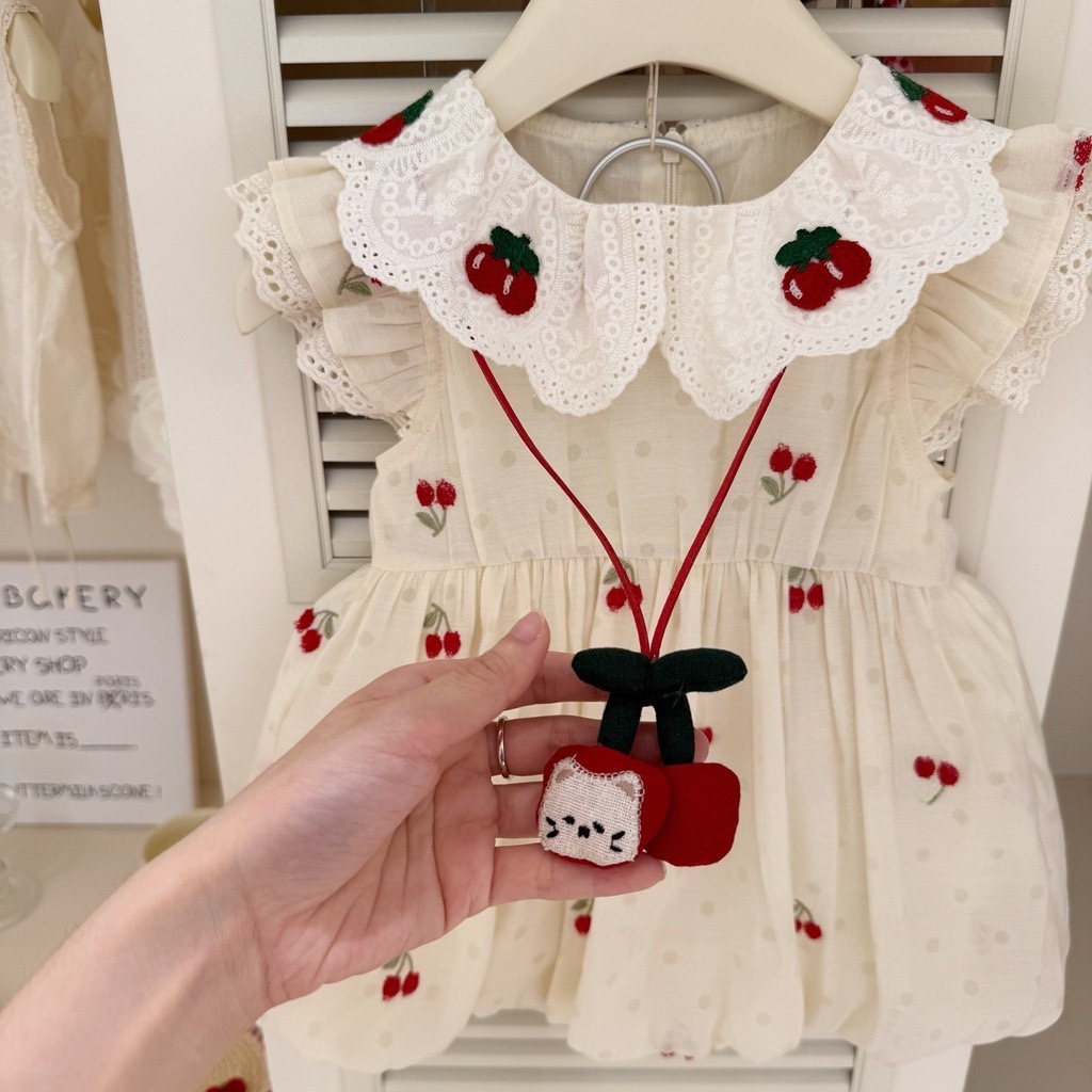 [Xianning Seven baby] Vestido de princesa dulce para niña de verano Vestido de cereza con cuello de muñeca de estilo occidental Vestido de chaleco lindo