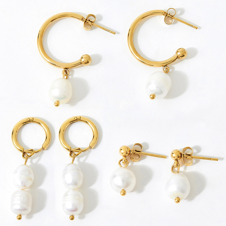 1 Pair Fashion Solid Color Stainless Steel Freshwater Pearl 14k Gold Plated Drop Earrings display picture 1