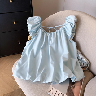 Blue Puff Sleeve Short Top for Women Summer French Design Chic Suspender Babydoll Shirt Small Flying Sleeve Sleeveless Shirt
