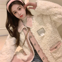 羊羔毛绒外套女装冬季甜美新款拼接设计感宽松长袖加绒棉衣棒球服