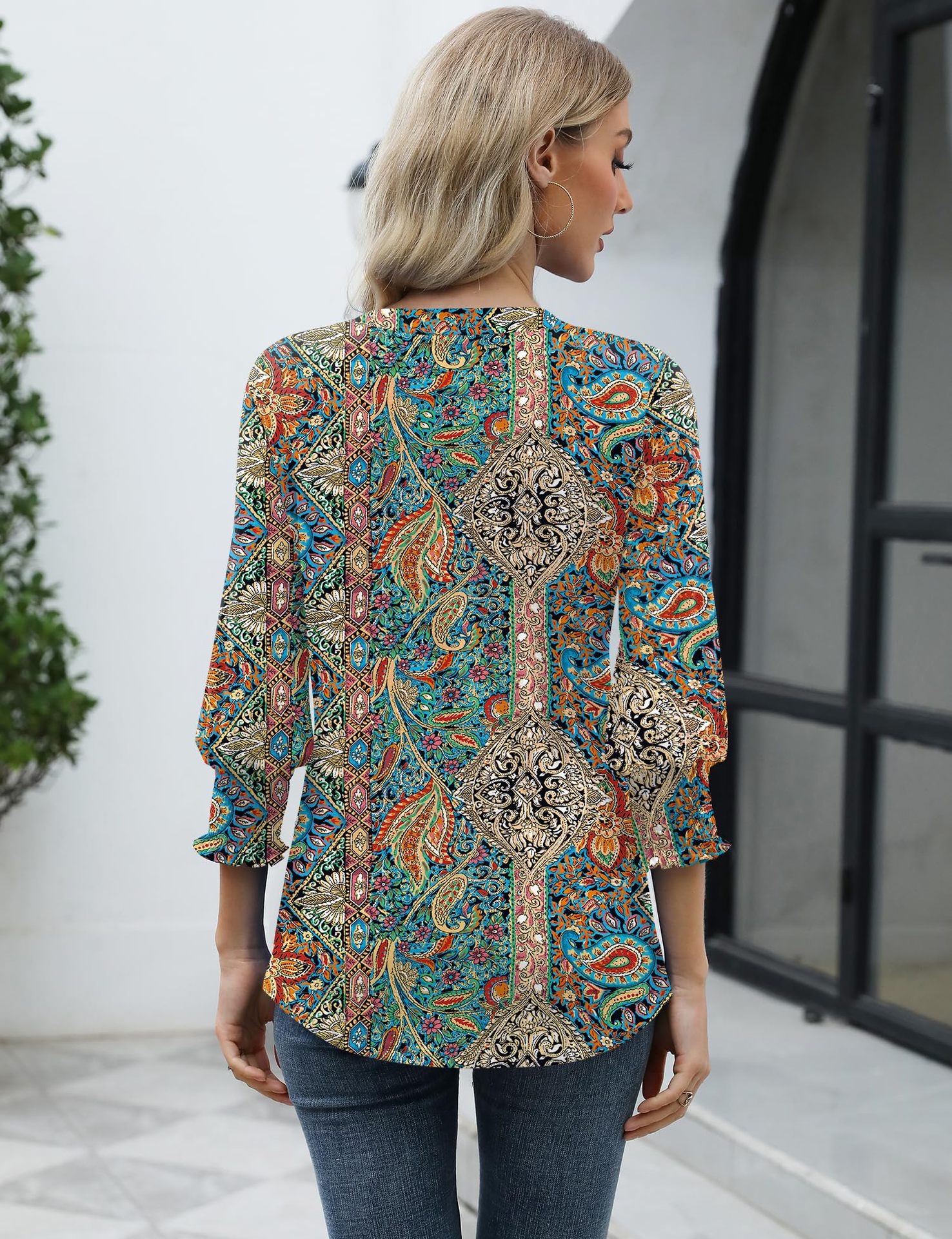 European And American Cross-border Women's 2026 Fashion Top, Three-quarter Sleeve Floral Print Casual Shirt, Summer_ecoleips.com