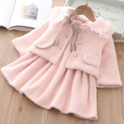 Children's girls' dress set with free shipping,  new autumn and winter baby mink fur coat, princess dress for kids, two-piece set.