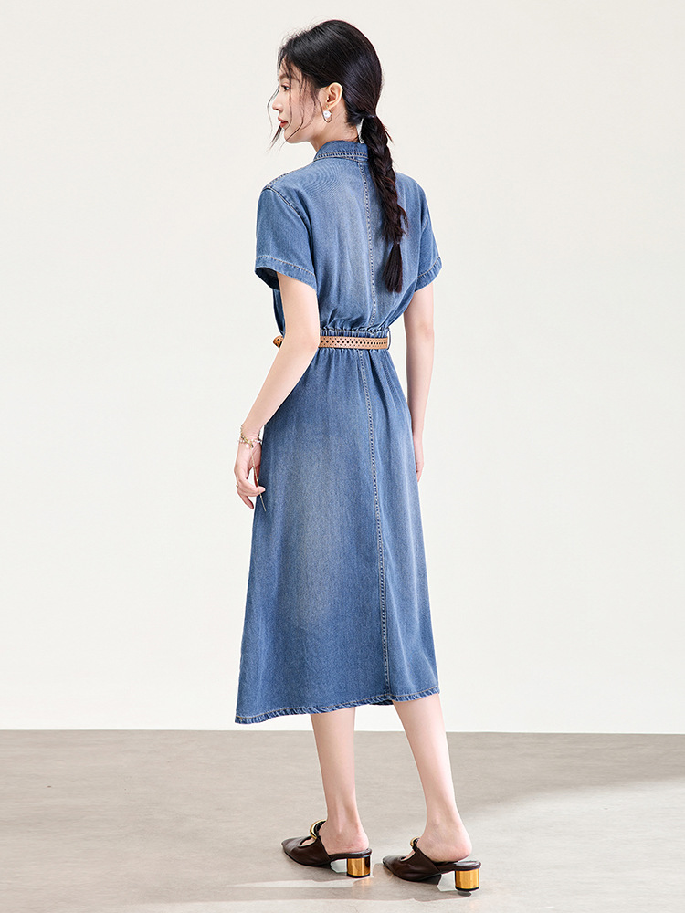 Váy denim nữ cạp cao dáng chữ A tay ngắn mùa hè — Cao bồi xanh