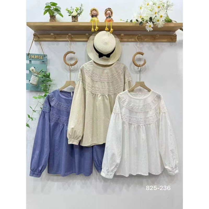 Lace Trim Spliced Cotton and Linen Long-Sleeve Shirt Autumn Japanese Mori Style Round Neck Versatile Loose Pullover Top Lace Trim Spliced Cotton and Linen Long-Sleeve Shirt Autumn Japanese Mori Style Round Neck Versatile Loose Pullover Top