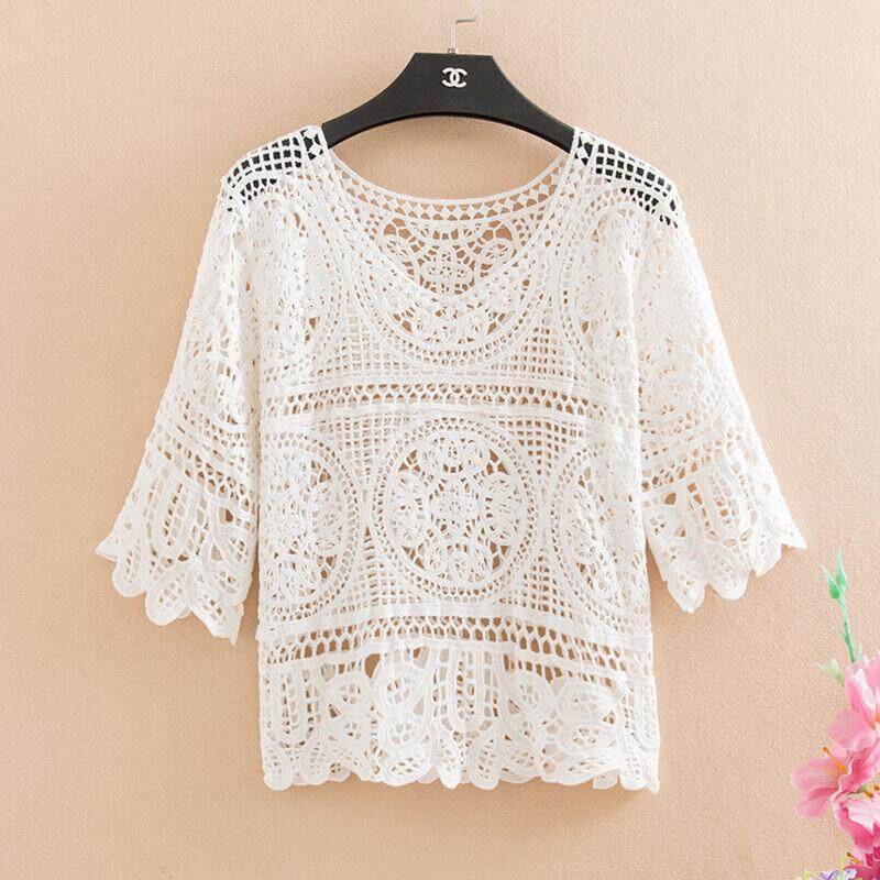 2026 Summer Knitted Hollow-Out Crochet Shawl Blouse Women's Pullover Short Round-Neck Loose Lace Top Trendy 2026 Summer Knitted Hollow-Out Crochet Shawl Blouse Women's Pullover Short Round-Neck Loose Lace Top Trendy