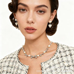 跨境小香风优雅气质金属蝴蝶结仿珍珠项链爱心耳钉简约高级感