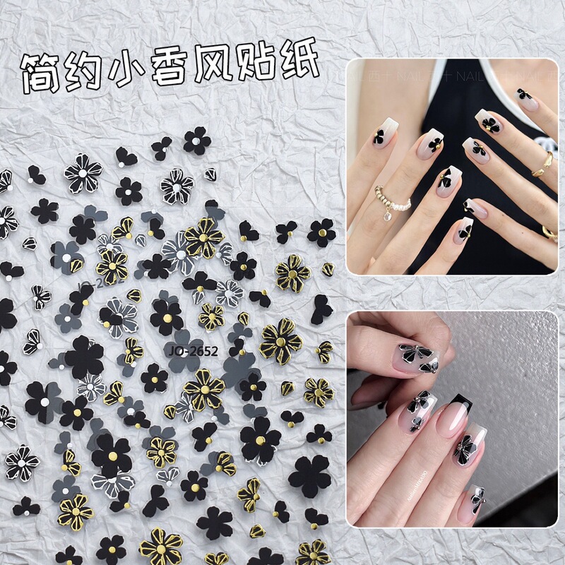 Internet Celebrity Ins Adhesive Atmosphere Sticker Black Cut Out Small Fragrant Flower Five-Petal Summer Whitening Nail Decal Beauty