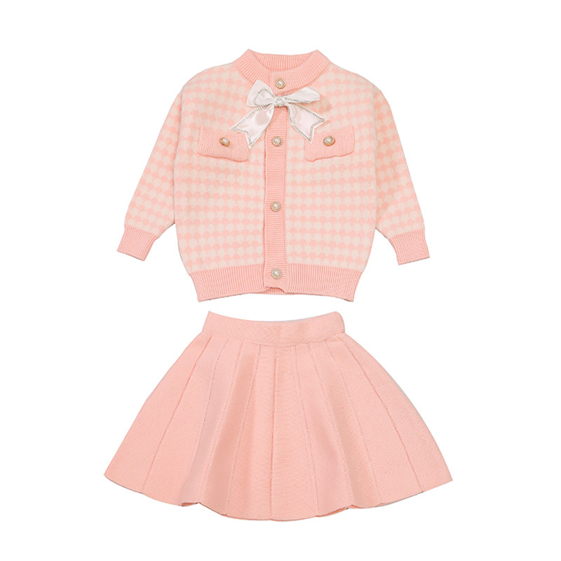 2023 Autumn/Winter New Children's Sweater Girl's Fragrant Knitted Cardigan Short Skirt Baby Two Piece Set_voghion.com