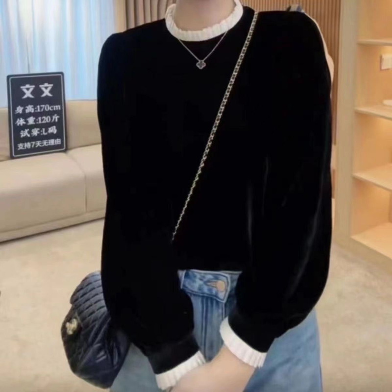 秋季新款半高领纯色百搭上衣女法式高档金丝绒减龄显瘦气质打底衫|undefined