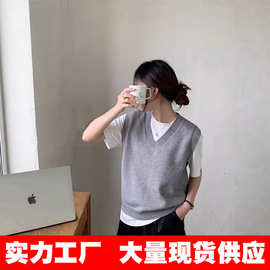 包芯纱面料 2026春秋款叠穿新款宽松复古针织毛衣马甲女背心外套