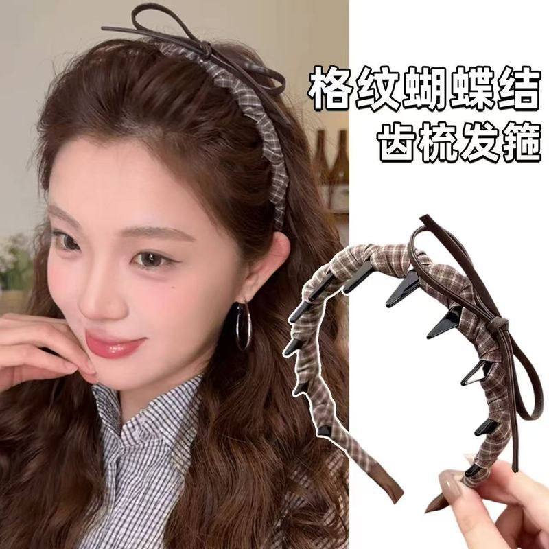 格纹缠绕蝴蝶结发箍女2025新款高级感高颅顶洗脸头箍日常外戴发卡|undefined