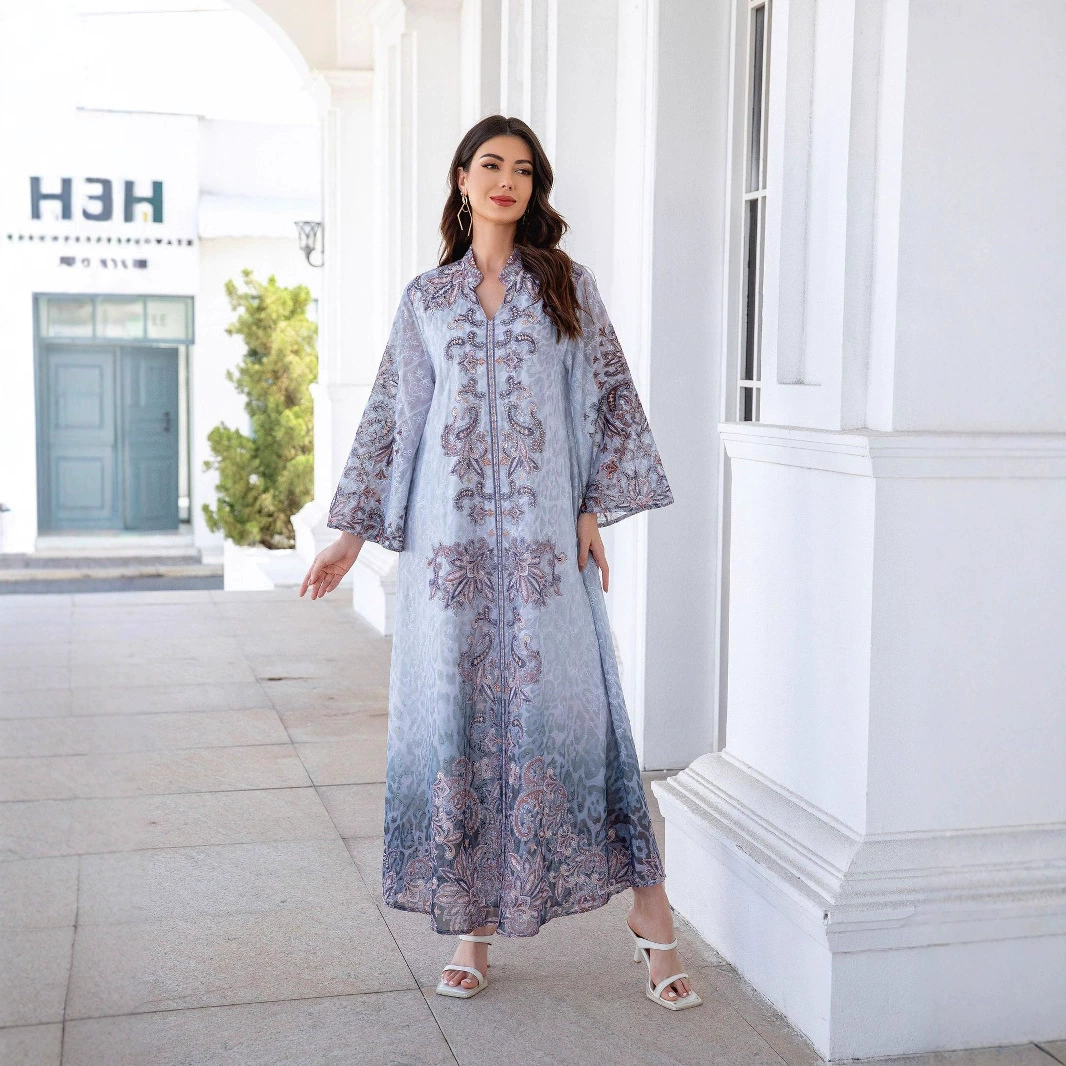 241105 Ближневосточное мусульманское женское платье-абая с вышивкой, принтом и стразами, длинная юбка-платье для женщин