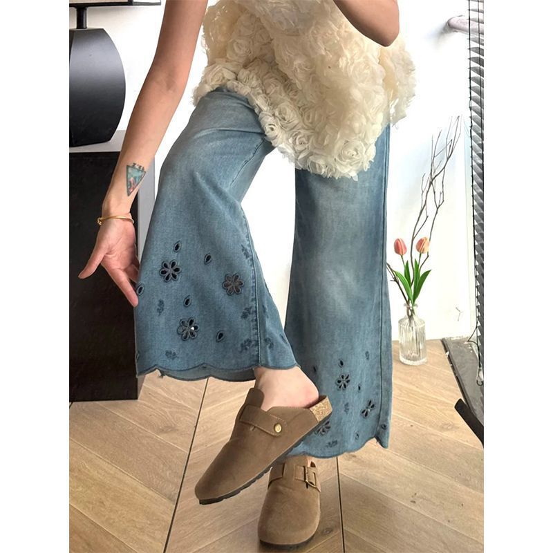 Plus-Size Vintage Blue Cropped Jeans for Women, New Summer Style with Hollow-Out Design, Loose Fit, Slimming Straight Wide-Leg Pants