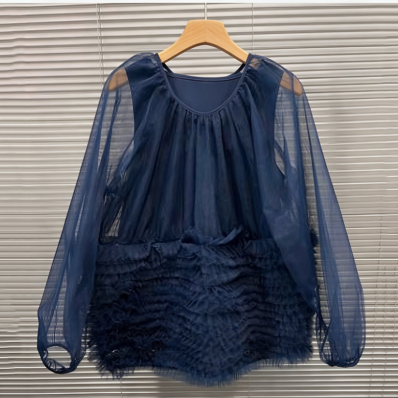 Round Neck Cake Mesh Pullover Shirt for Women, Sheer Heavy-Duty Mesh Shirt, Long Sleeve Solid Color Top, Spring 2026 Round Neck Cake Mesh Pullover Shirt for Women, Sheer Heavy-Duty Mesh Shirt, Long Sleeve Solid Color Top, Spring 2026